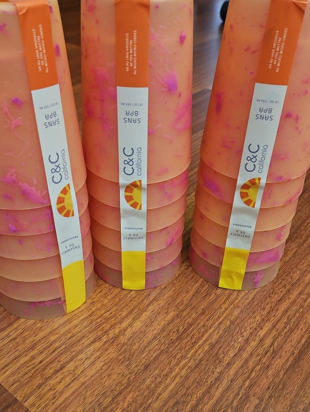 3 Sets C&C California Home Orange & Pink Tie-dye 8 Oz Plastic Tumblers (18 Cups)